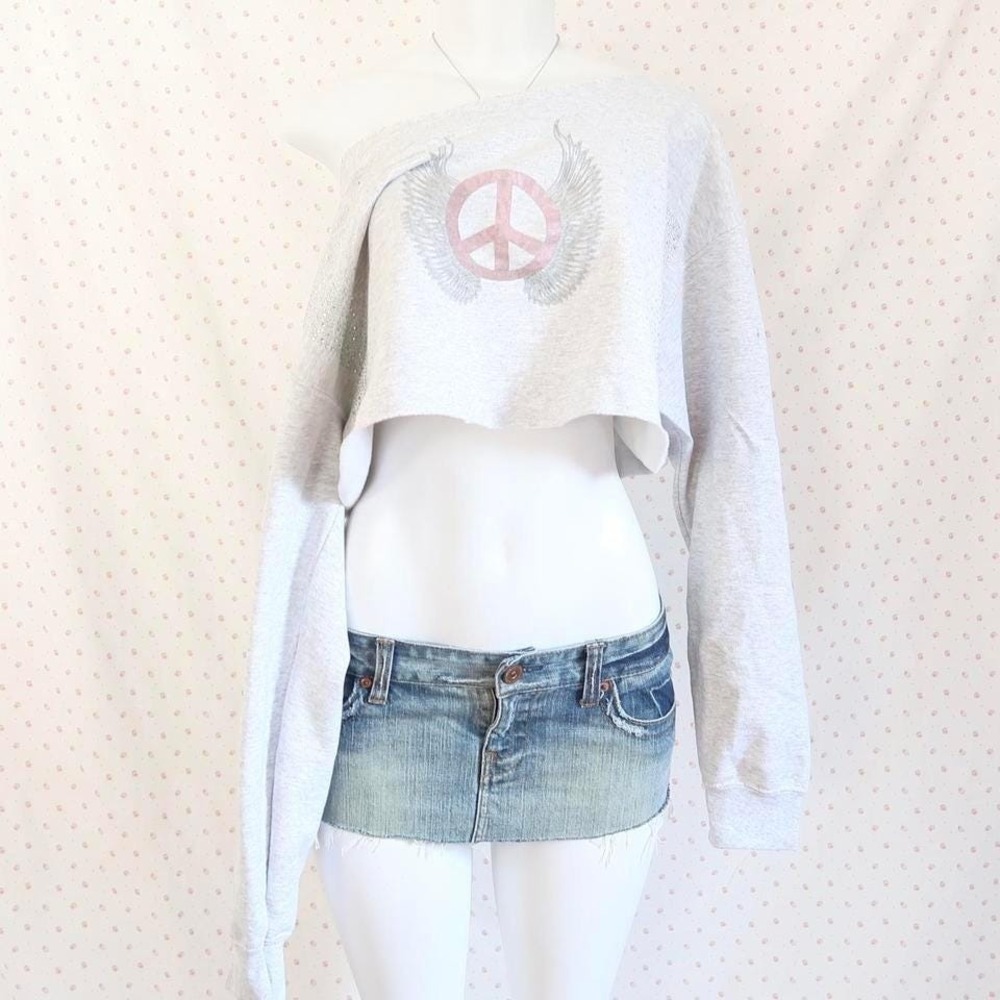 Y2K Winged Peace Sign Rhinestone Sweatshirt McBling Off Shoulder Top